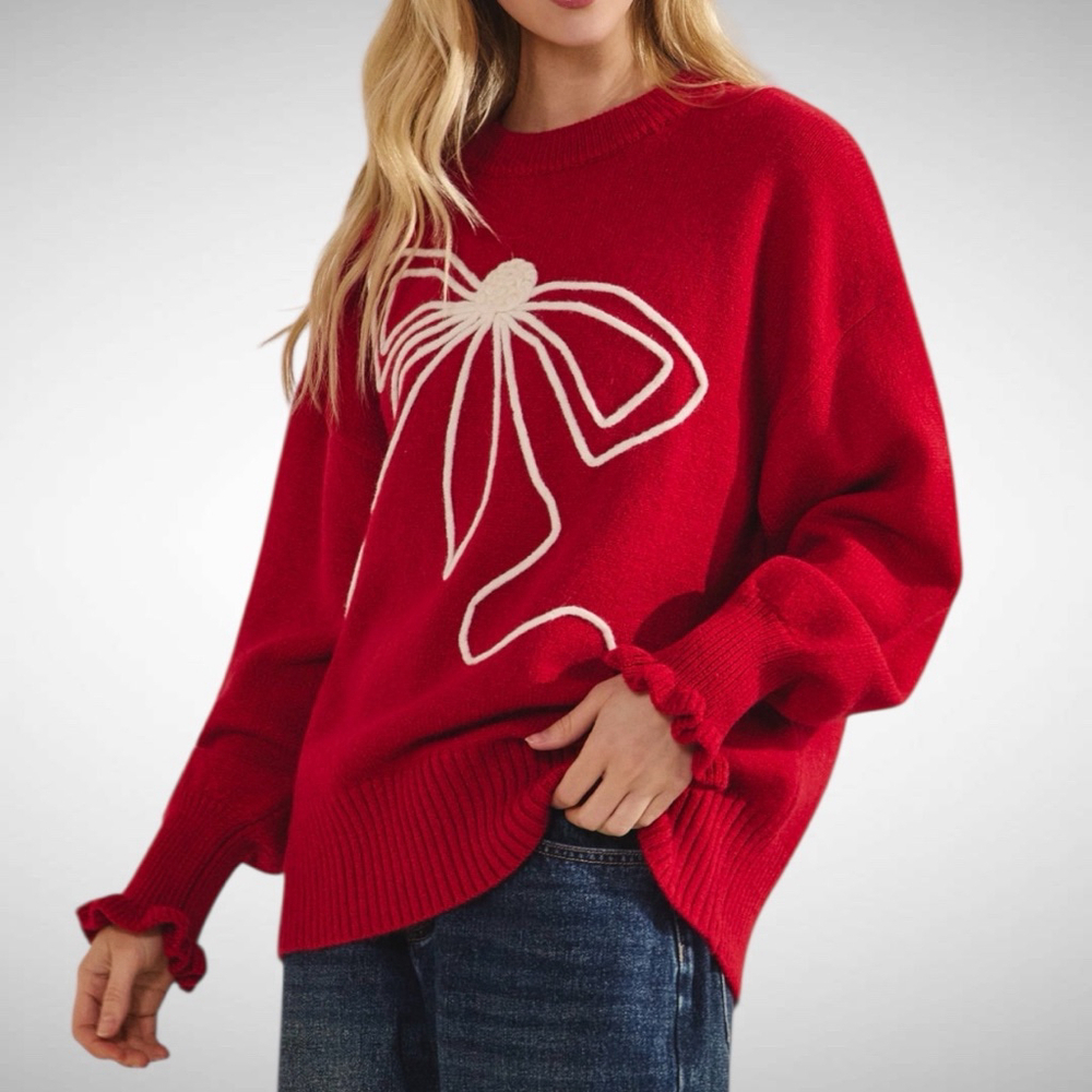 Sage + Fig The Big Bow Holiday Sweater in Cherry Red Size S